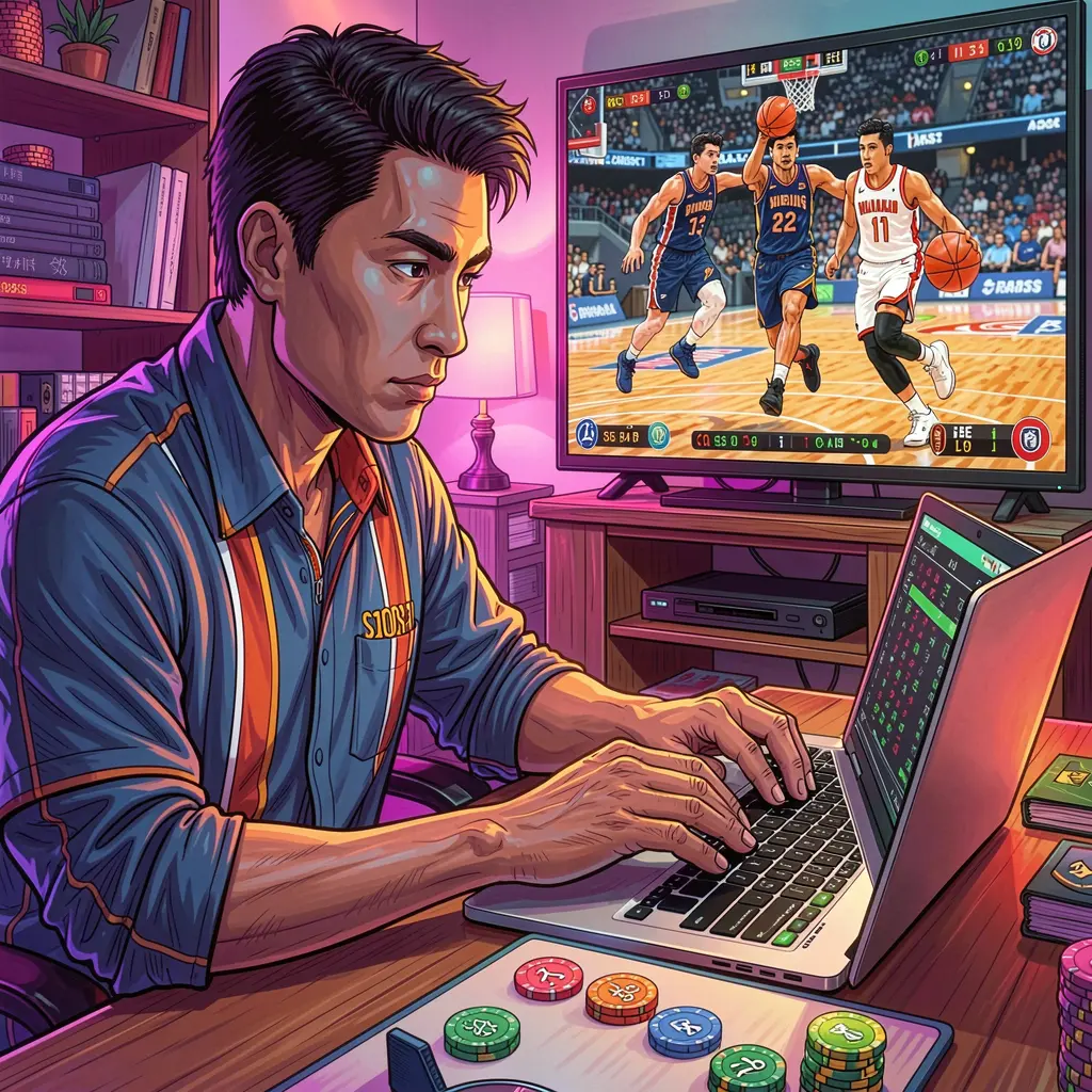 Focused Filipino bettor analyzing live basketball odds on a laptop with ELKJL while watching the game on TV in a modern betting setup