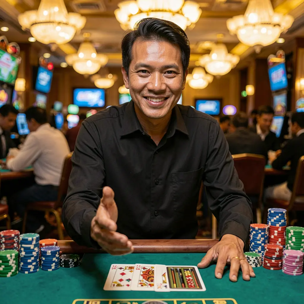 Stylish casino dealer in a vest and bow tie reaching out with glowing chips floating around representing secure and inviting ELKJL login in the Philippines